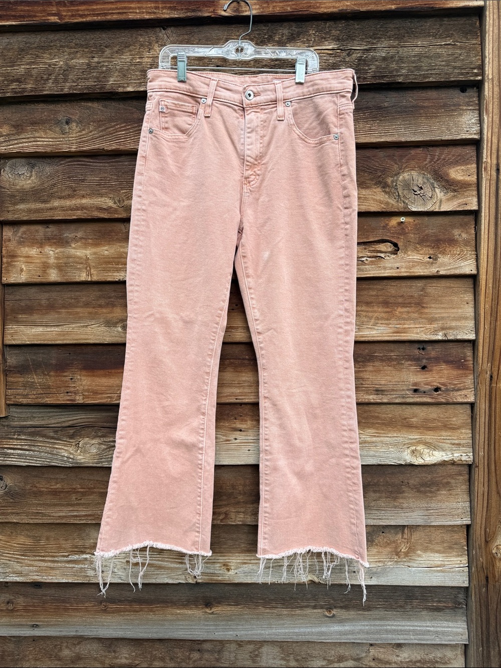 Ag Adriano Goldschmied high rise fit Farrah boot crop raw hem peach jeans
